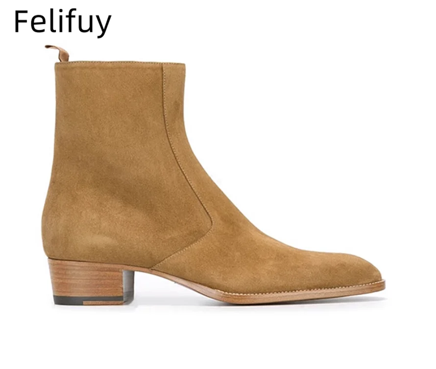 Gold Silver High Heels Men's Ankle Boots Luxury Genuine Leather Winter Cow Suede Brown Wedding Party Social Boots Man Dress Shoe