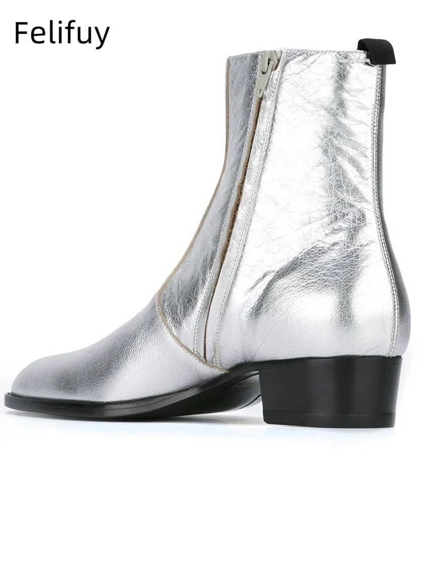 Gold Silver High Heels Men's Ankle Boots Luxury Genuine Leather Winter Cow Suede Brown Wedding Party Social Boots Man Dress Shoe