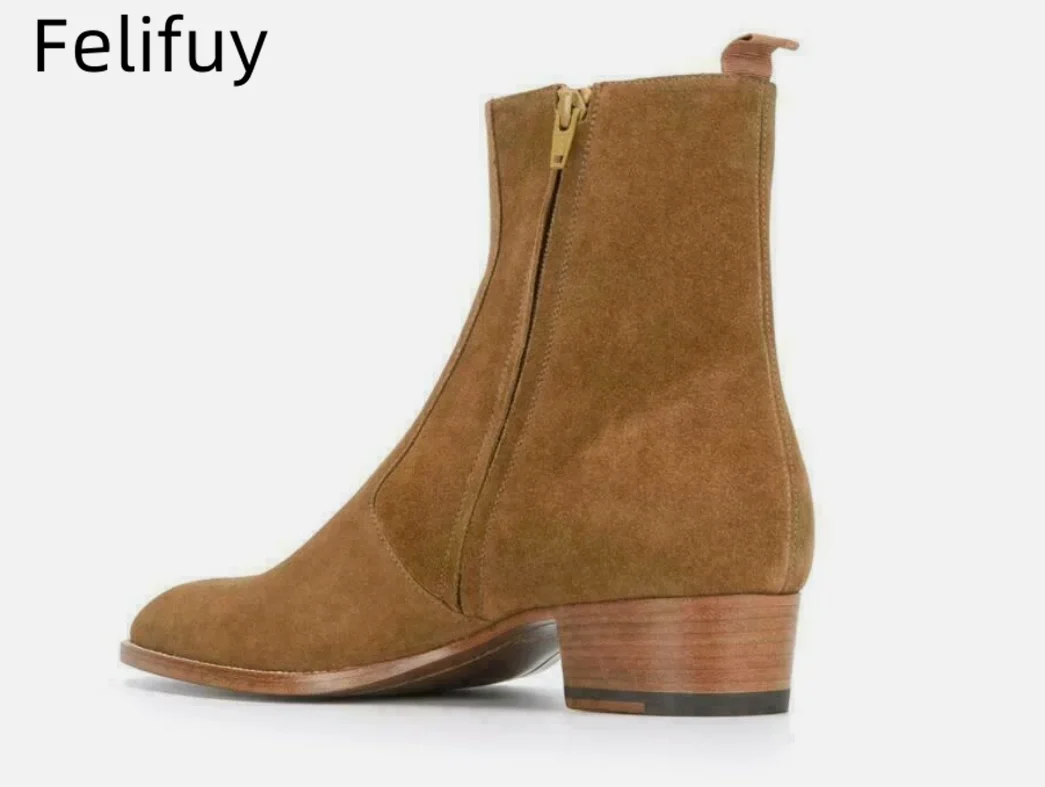 Gold Silver High Heels Men's Ankle Boots Luxury Genuine Leather Winter Cow Suede Brown Wedding Party Social Boots Man Dress Shoe