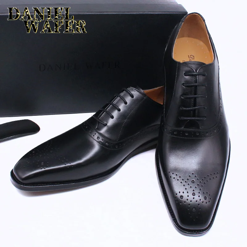 Men's Genuine Leather Oxford Shoes Brown & Black High-Quality Snake Print Lace-Up Business Dress Suit Wedding Shoes
