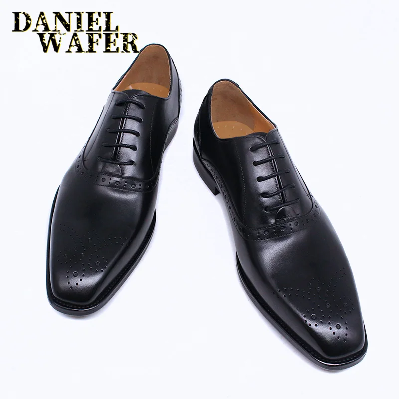 Men's Genuine Leather Oxford Shoes Brown & Black High-Quality Snake Print Lace-Up Business Dress Suit Wedding Shoes