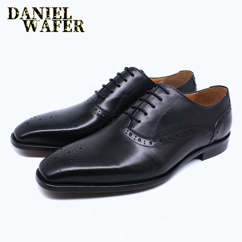 Men's Genuine Leather Oxford Shoes Brown & Black High-Quality Snake Print Lace-Up Business Dress Suit Wedding Shoes