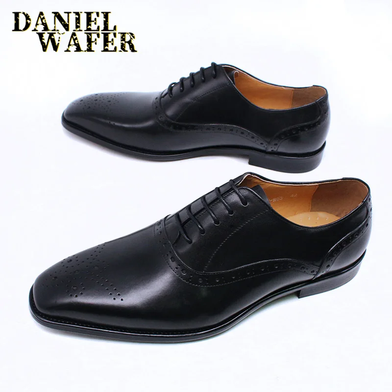 Men's Genuine Leather Oxford Shoes Brown & Black High-Quality Snake Print Lace-Up Business Dress Suit Wedding Shoes