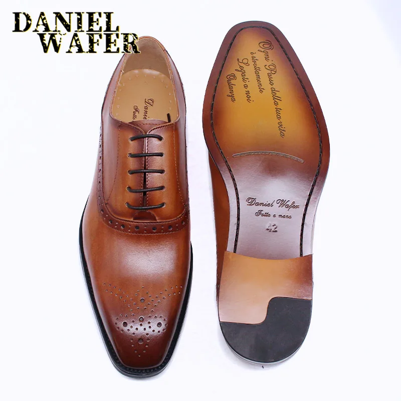 Men's Genuine Leather Oxford Shoes Brown & Black High-Quality Snake Print Lace-Up Business Dress Suit Wedding Shoes