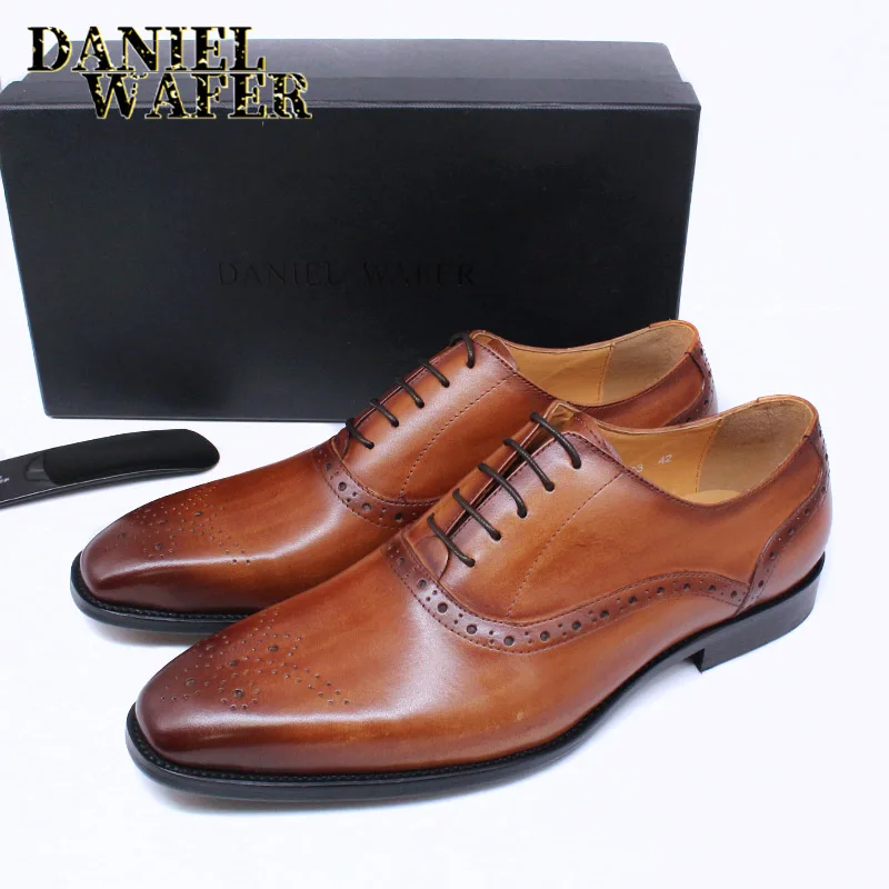 Men's Genuine Leather Oxford Shoes Brown & Black High-Quality Snake Print Lace-Up Business Dress Suit Wedding Shoes
