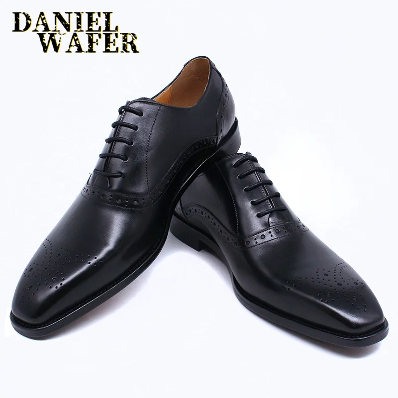 Men's Genuine Leather Oxford Shoes Brown & Black High-Quality Snake Print Lace-Up Business Dress Suit Wedding Shoes