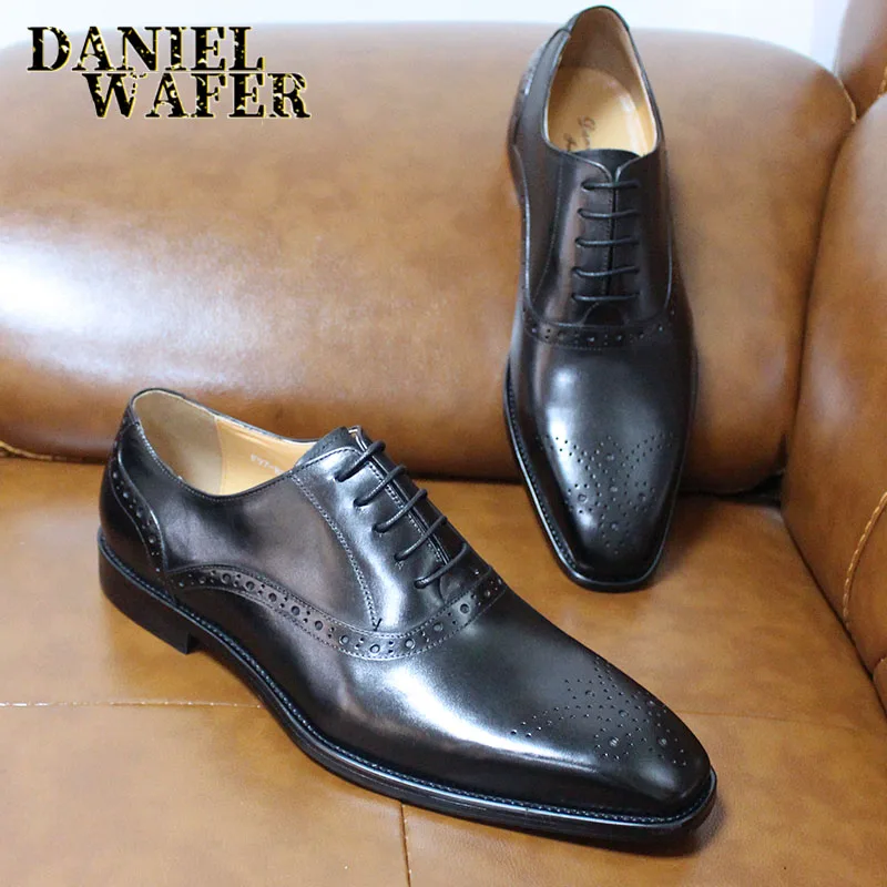 Men's Genuine Leather Oxford Shoes Brown & Black High-Quality Snake Print Lace-Up Business Dress Suit Wedding Shoes