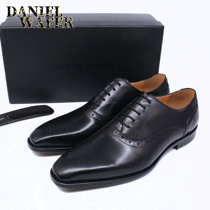 Men's Genuine Leather Oxford Shoes Brown & Black High-Quality Snake Print Lace-Up Business Dress Suit Wedding Shoes