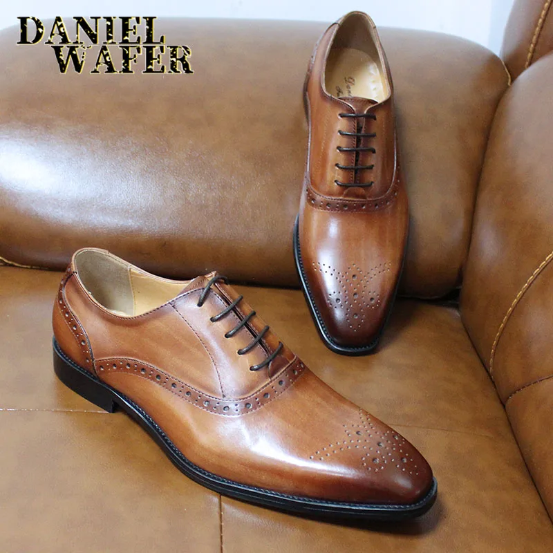 Men's Genuine Leather Oxford Shoes Brown & Black High-Quality Snake Print Lace-Up Business Dress Suit Wedding Shoes