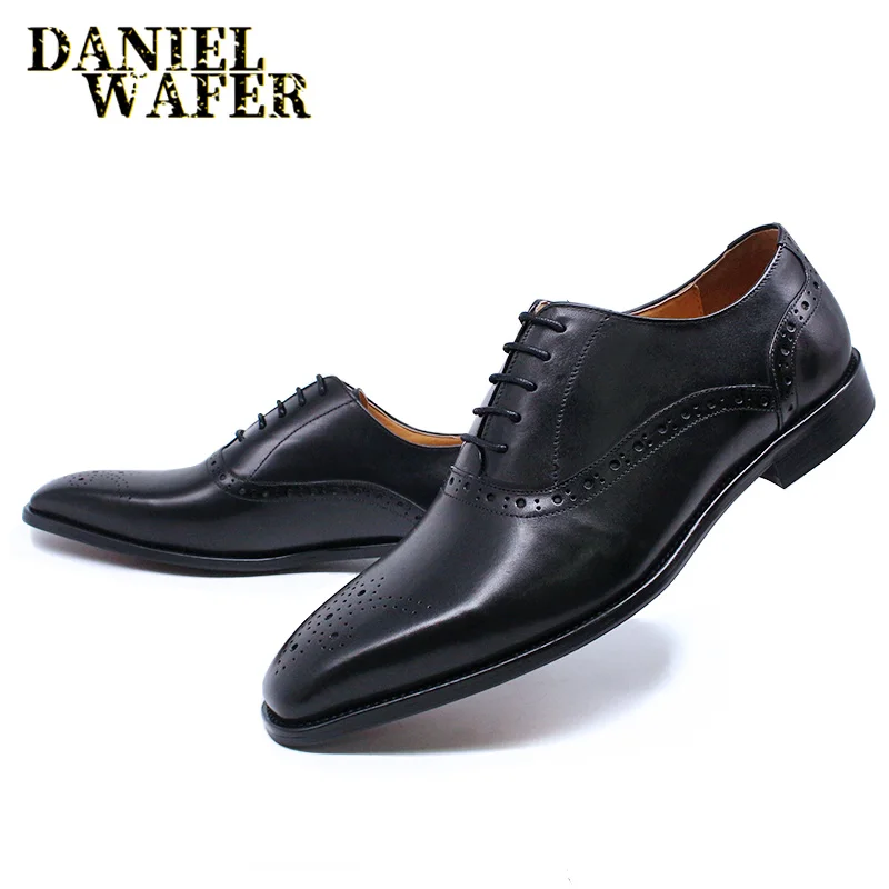 Men's Genuine Leather Oxford Shoes Brown & Black High-Quality Snake Print Lace-Up Business Dress Suit Wedding Shoes