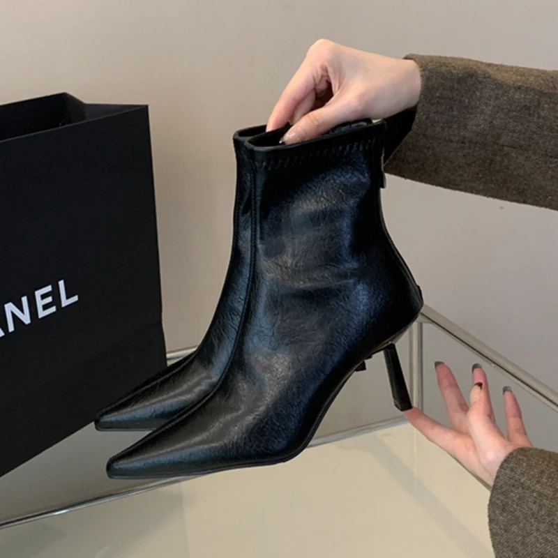 SUOJIALUN 2024 Winter New Brand Women Ankle Boots Fashion Pointed Toe Ladies Elegant Short Boots Shoes Thin High Heel Chelsea Pu