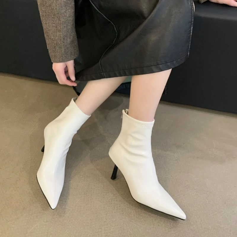 SUOJIALUN 2024 Winter New Brand Women Ankle Boots Fashion Pointed Toe Ladies Elegant Short Boots Shoes Thin High Heel Chelsea Pu
