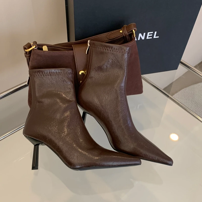 SUOJIALUN 2024 Winter New Brand Women Ankle Boots Fashion Pointed Toe Ladies Elegant Short Boots Shoes Thin High Heel Chelsea Pu