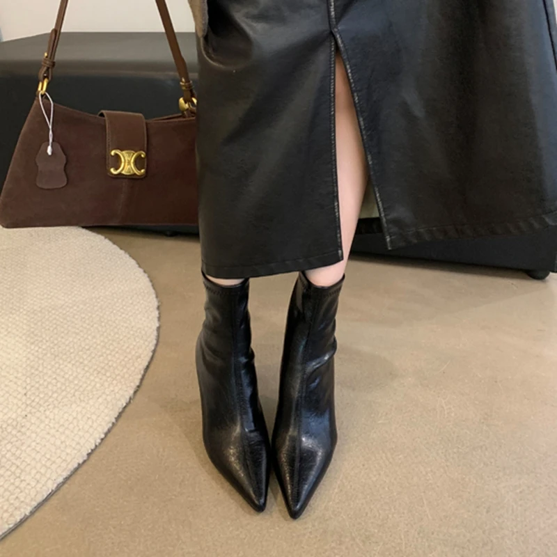 SUOJIALUN 2024 Winter New Brand Women Ankle Boots Fashion Pointed Toe Ladies Elegant Short Boots Shoes Thin High Heel Chelsea Pu