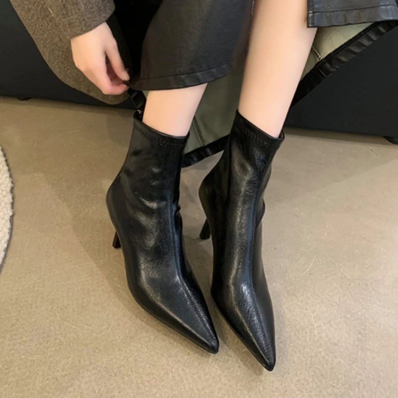 SUOJIALUN 2024 Winter New Brand Women Ankle Boots Fashion Pointed Toe Ladies Elegant Short Boots Shoes Thin High Heel Chelsea Pu