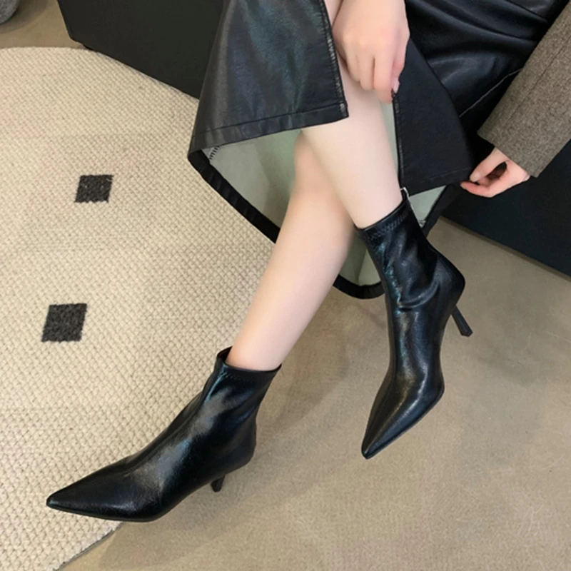 SUOJIALUN 2024 Winter New Brand Women Ankle Boots Fashion Pointed Toe Ladies Elegant Short Boots Shoes Thin High Heel Chelsea Pu