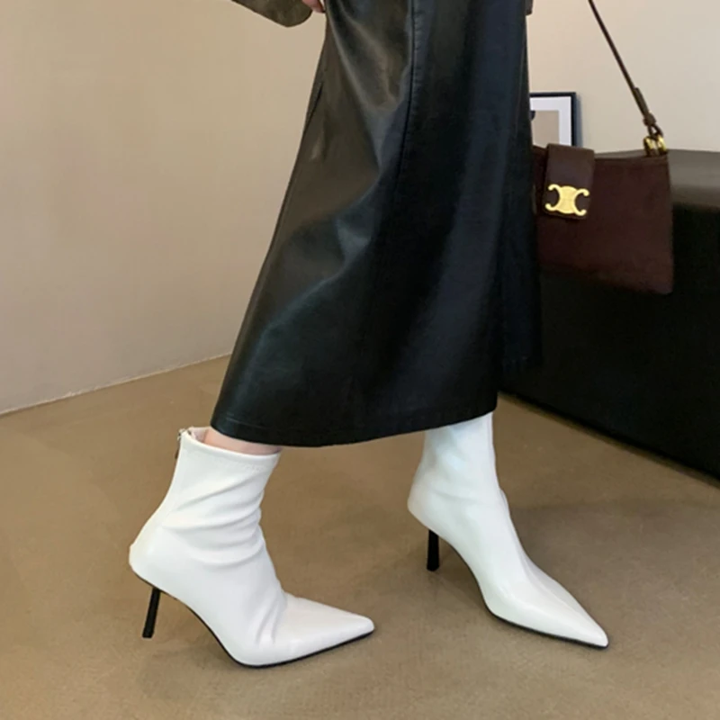 SUOJIALUN 2024 Winter New Brand Women Ankle Boots Fashion Pointed Toe Ladies Elegant Short Boots Shoes Thin High Heel Chelsea Pu