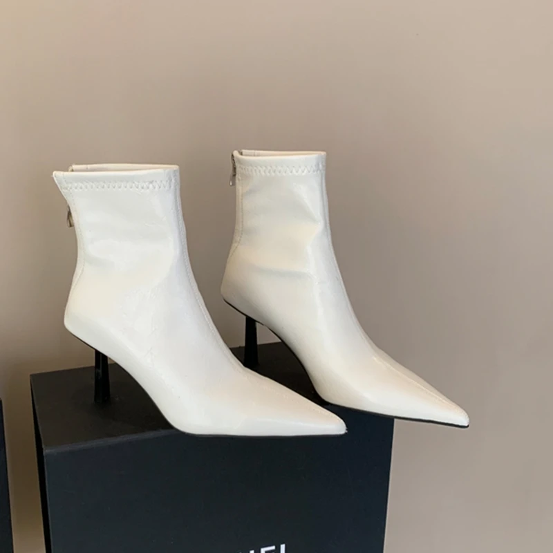 SUOJIALUN 2024 Winter New Brand Women Ankle Boots Fashion Pointed Toe Ladies Elegant Short Boots Shoes Thin High Heel Chelsea Pu