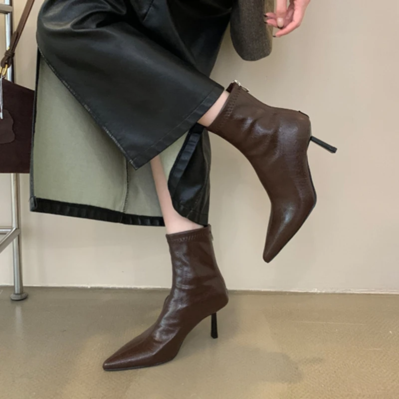 SUOJIALUN 2024 Winter New Brand Women Ankle Boots Fashion Pointed Toe Ladies Elegant Short Boots Shoes Thin High Heel Chelsea Pu