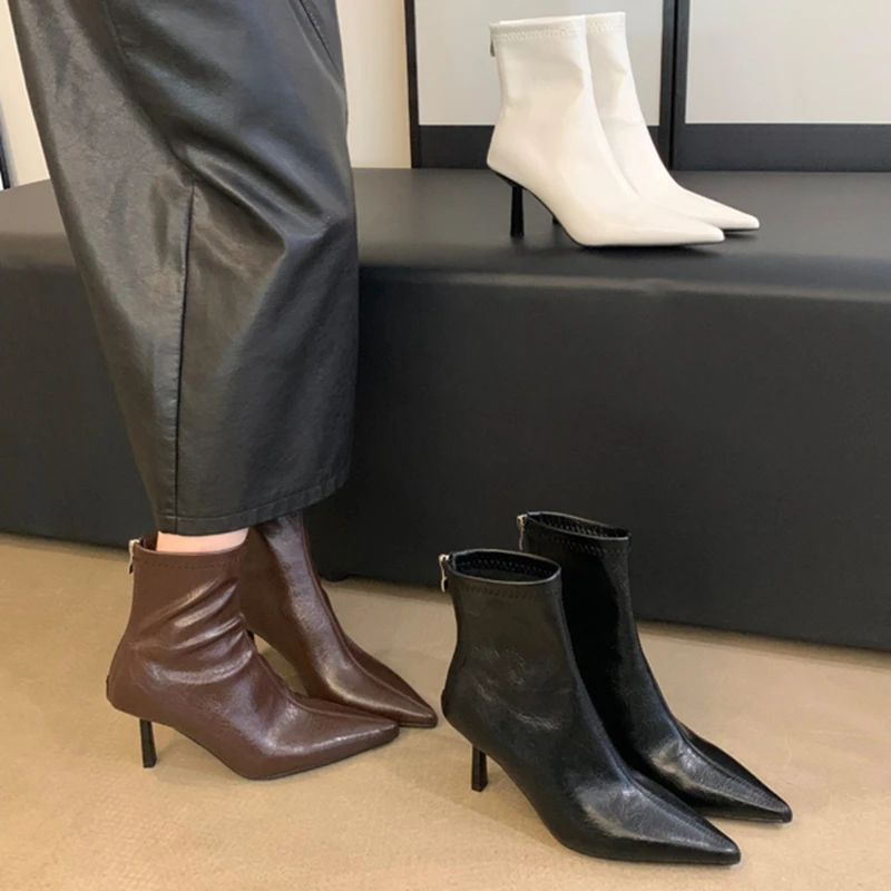 SUOJIALUN 2024 Winter New Brand Women Ankle Boots Fashion Pointed Toe Ladies Elegant Short Boots Shoes Thin High Heel Chelsea Pu
