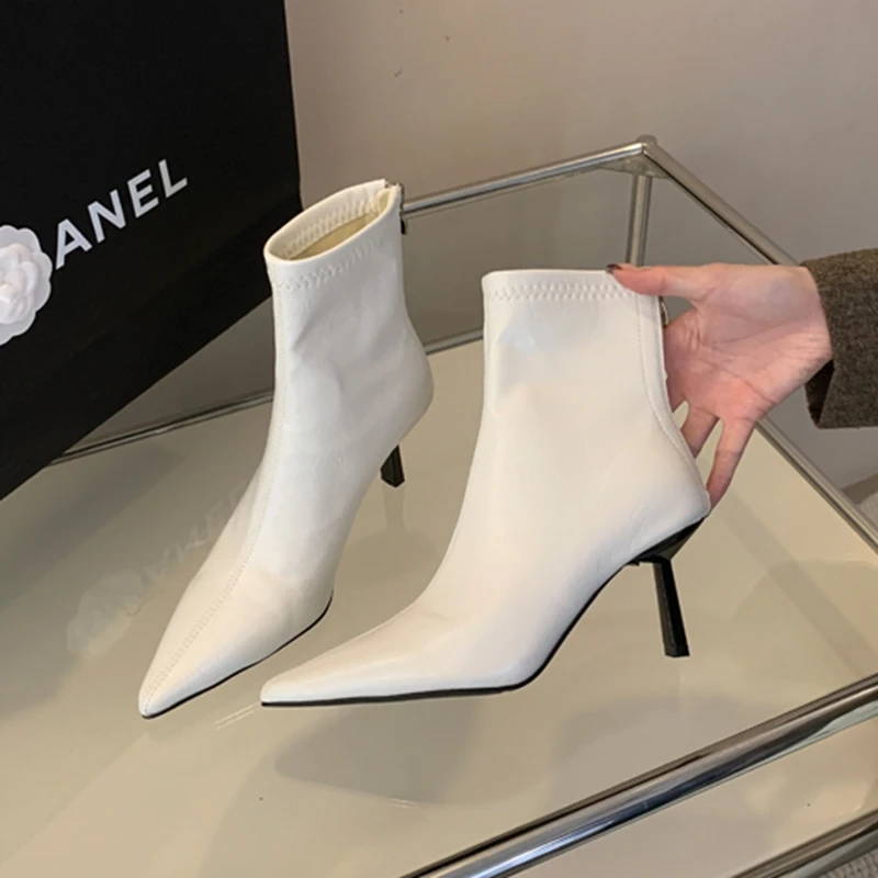 SUOJIALUN 2024 Winter New Brand Women Ankle Boots Fashion Pointed Toe Ladies Elegant Short Boots Shoes Thin High Heel Chelsea Pu