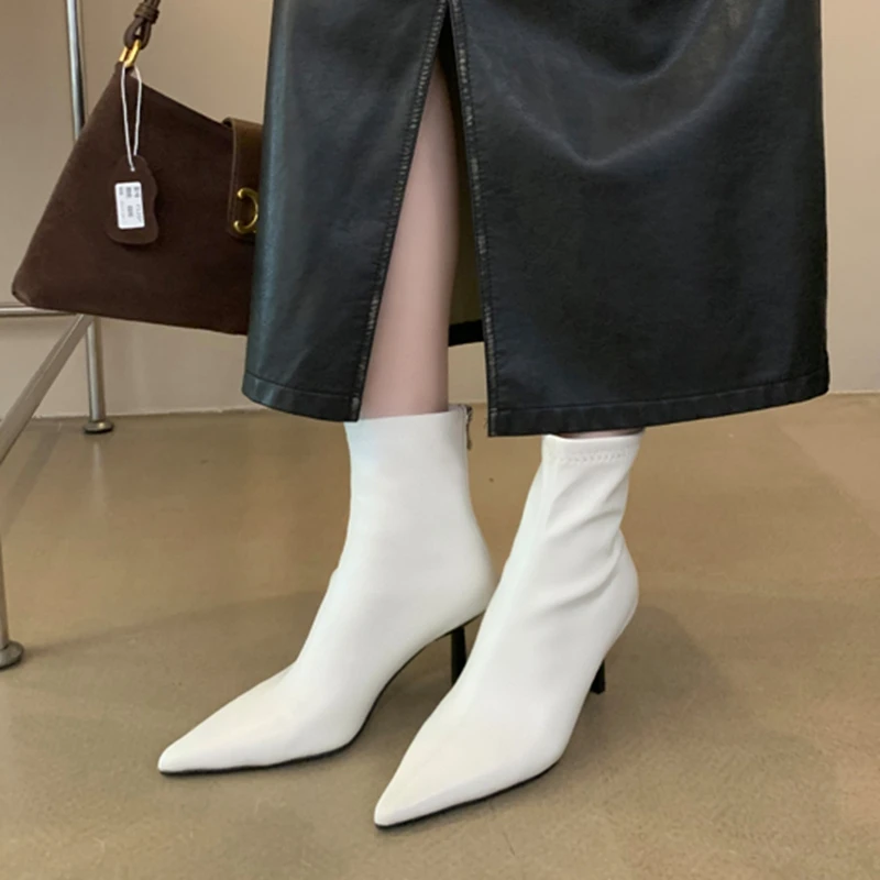 SUOJIALUN 2024 Winter New Brand Women Ankle Boots Fashion Pointed Toe Ladies Elegant Short Boots Shoes Thin High Heel Chelsea Pu
