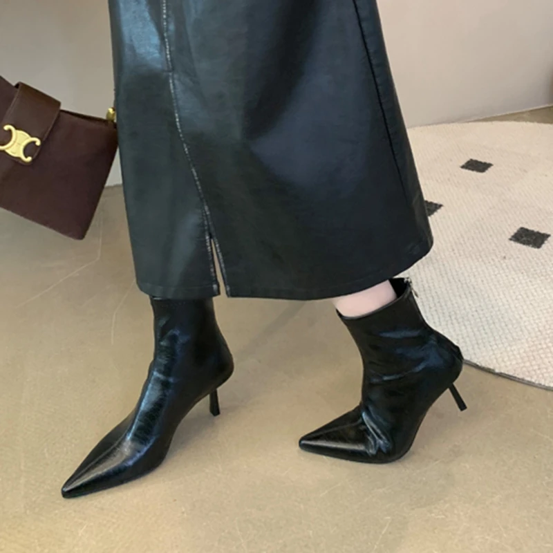 SUOJIALUN 2024 Winter New Brand Women Ankle Boots Fashion Pointed Toe Ladies Elegant Short Boots Shoes Thin High Heel Chelsea Pu