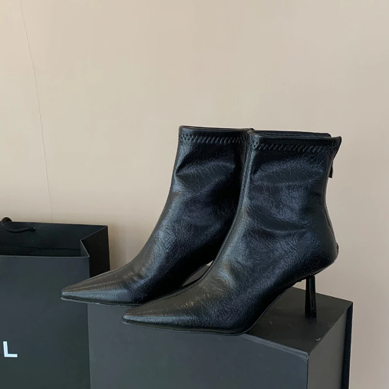 SUOJIALUN 2024 Winter New Brand Women Ankle Boots Fashion Pointed Toe Ladies Elegant Short Boots Shoes Thin High Heel Chelsea Pu