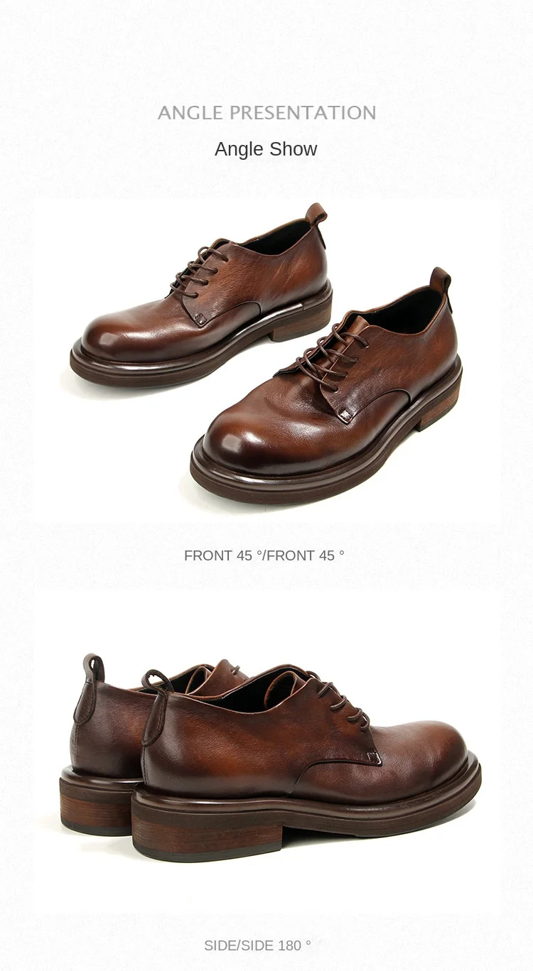 Men's British Style Vintage Leather Shoes | Hand-Rubbed Top Grain Cowhide Oxfords | Washed Round Toe Casual Dress Footwear