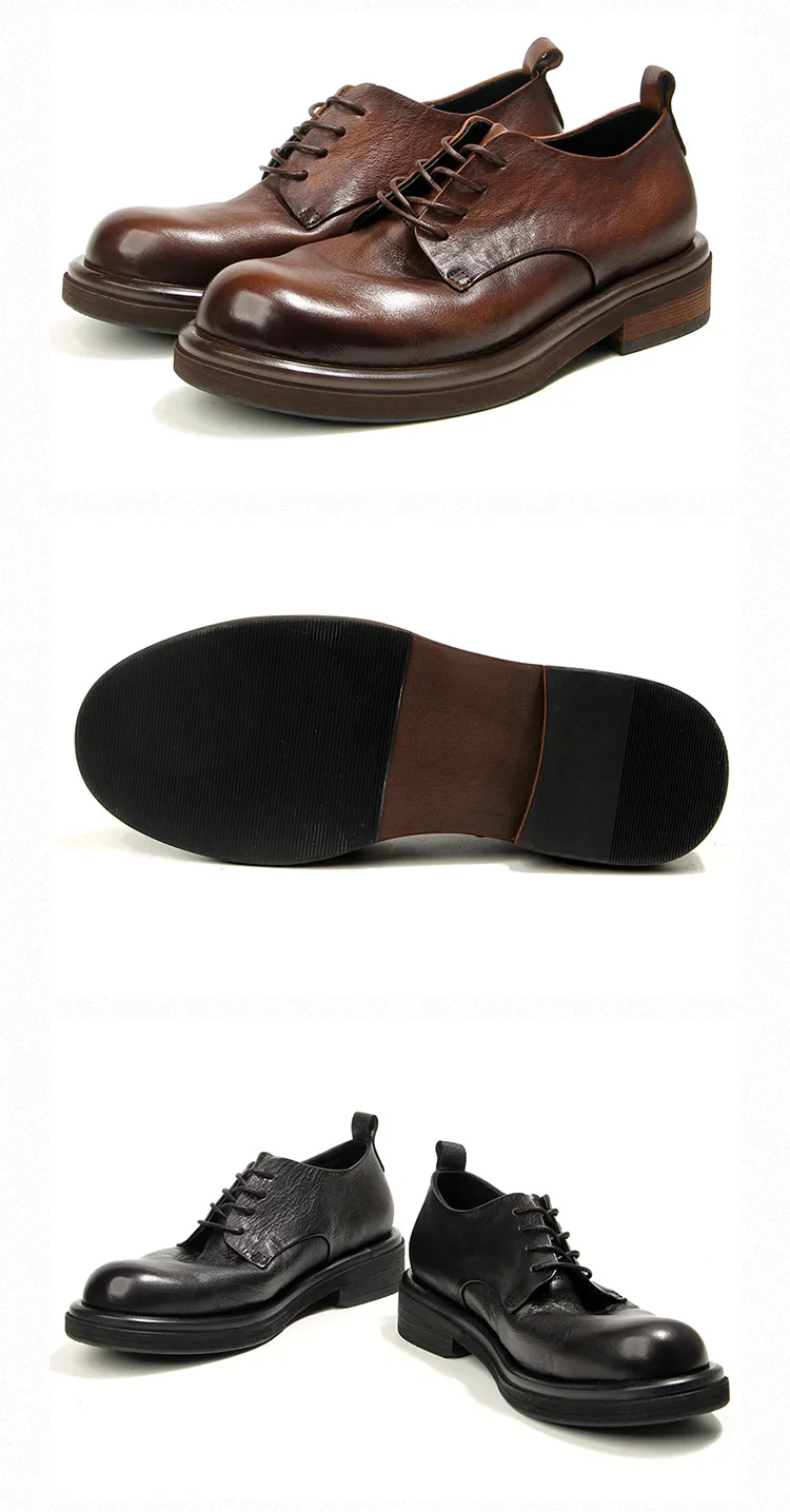 Men's British Style Vintage Leather Shoes | Hand-Rubbed Top Grain Cowhide Oxfords | Washed Round Toe Casual Dress Footwear