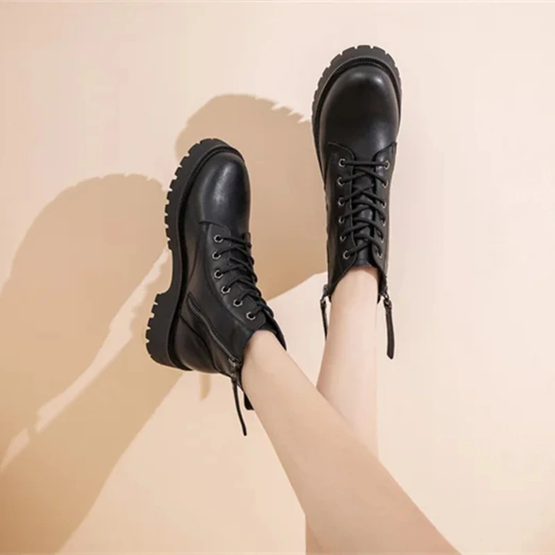 Genuine Leather Ankle Boots Women Autumn 2026 New Double Zipper Women's Ankle Boots Platform Thick Heel Motorcycle Boots Women
