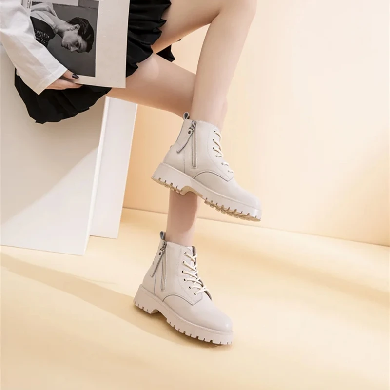 Genuine Leather Ankle Boots Women Autumn 2026 New Double Zipper Women's Ankle Boots Platform Thick Heel Motorcycle Boots Women