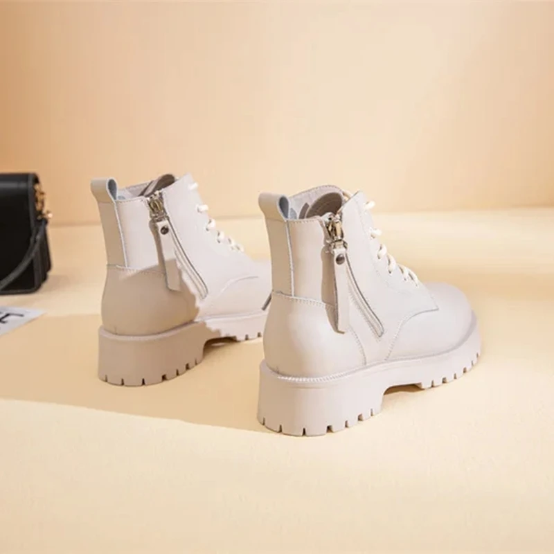 Genuine Leather Ankle Boots Women Autumn 2026 New Double Zipper Women's Ankle Boots Platform Thick Heel Motorcycle Boots Women