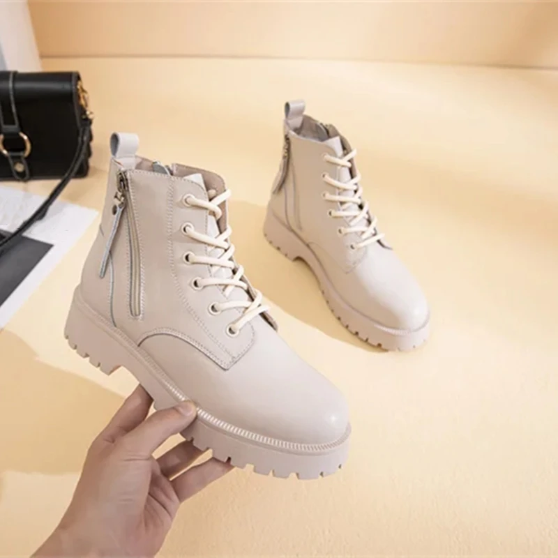 Genuine Leather Ankle Boots Women Autumn 2026 New Double Zipper Women's Ankle Boots Platform Thick Heel Motorcycle Boots Women
