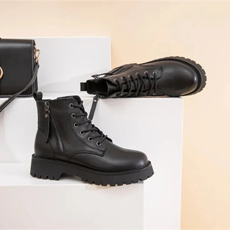 Genuine Leather Ankle Boots Women Autumn 2026 New Double Zipper Women's Ankle Boots Platform Thick Heel Motorcycle Boots Women