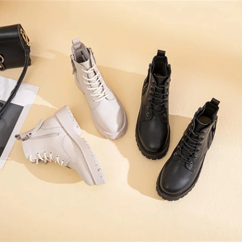 Genuine Leather Ankle Boots Women Autumn 2026 New Double Zipper Women's Ankle Boots Platform Thick Heel Motorcycle Boots Women