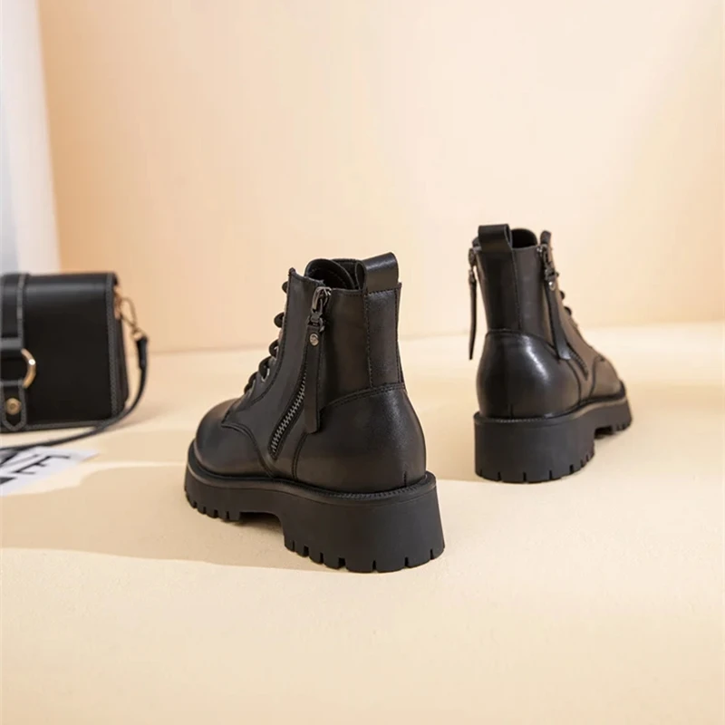 Genuine Leather Ankle Boots Women Autumn 2026 New Double Zipper Women's Ankle Boots Platform Thick Heel Motorcycle Boots Women