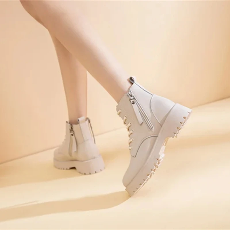 Genuine Leather Ankle Boots Women Autumn 2026 New Double Zipper Women's Ankle Boots Platform Thick Heel Motorcycle Boots Women