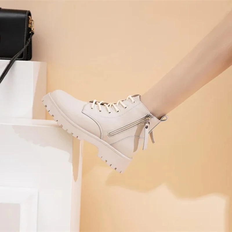Genuine Leather Ankle Boots Women Autumn 2026 New Double Zipper Women's Ankle Boots Platform Thick Heel Motorcycle Boots Women