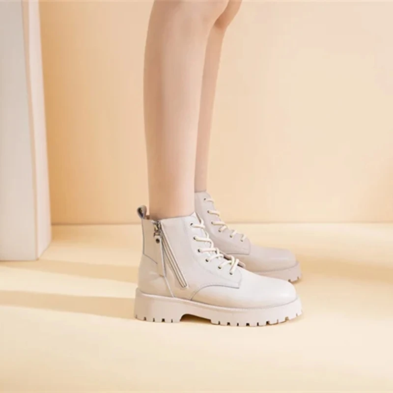 Genuine Leather Ankle Boots Women Autumn 2026 New Double Zipper Women's Ankle Boots Platform Thick Heel Motorcycle Boots Women