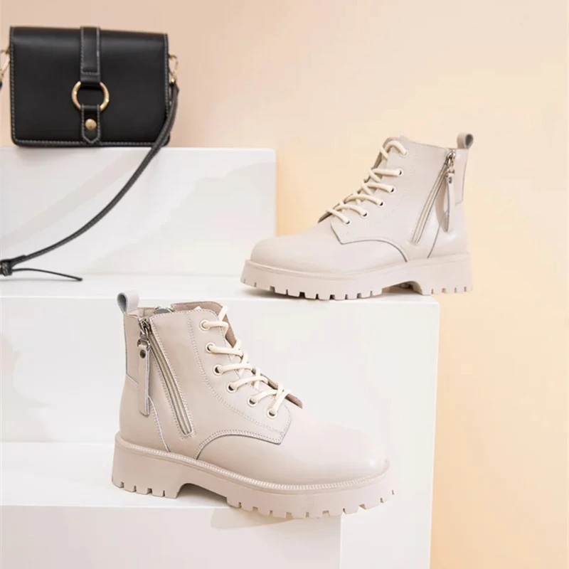 Genuine Leather Ankle Boots Women Autumn 2026 New Double Zipper Women's Ankle Boots Platform Thick Heel Motorcycle Boots Women