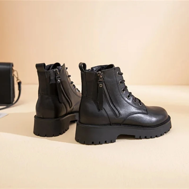 Genuine Leather Ankle Boots Women Autumn 2026 New Double Zipper Women's Ankle Boots Platform Thick Heel Motorcycle Boots Women