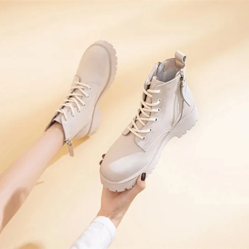 Genuine Leather Ankle Boots Women Autumn 2026 New Double Zipper Women's Ankle Boots Platform Thick Heel Motorcycle Boots Women