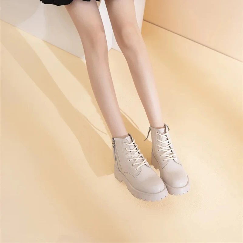 Genuine Leather Ankle Boots Women Autumn 2026 New Double Zipper Women's Ankle Boots Platform Thick Heel Motorcycle Boots Women