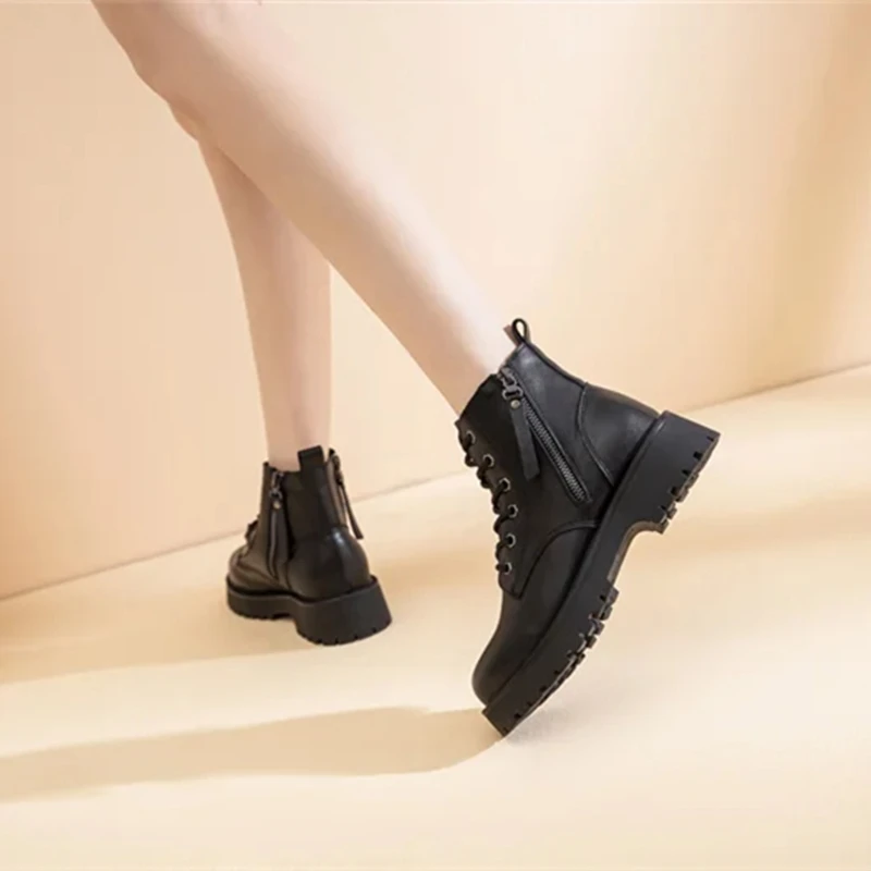 Genuine Leather Ankle Boots Women Autumn 2026 New Double Zipper Women's Ankle Boots Platform Thick Heel Motorcycle Boots Women