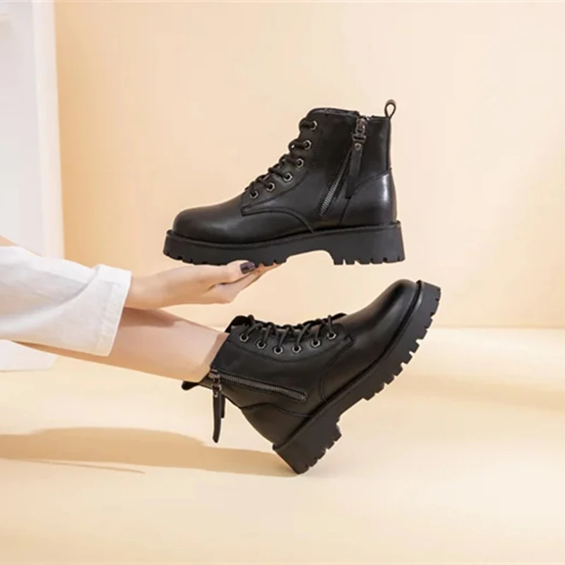 Genuine Leather Ankle Boots Women Autumn 2026 New Double Zipper Women's Ankle Boots Platform Thick Heel Motorcycle Boots Women