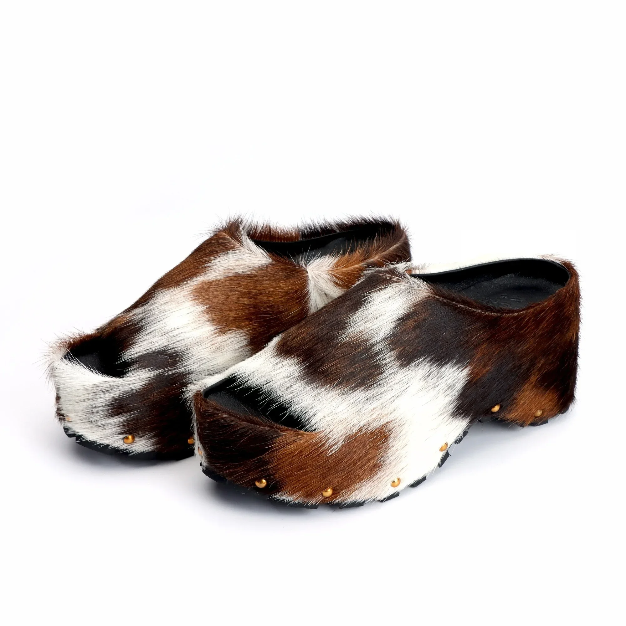 Arch Support Slip-On Handmade Women's Platform Fur Clogs, Mules with Natural Calf Hair,Studded Vintage Cowboy Style Slippers