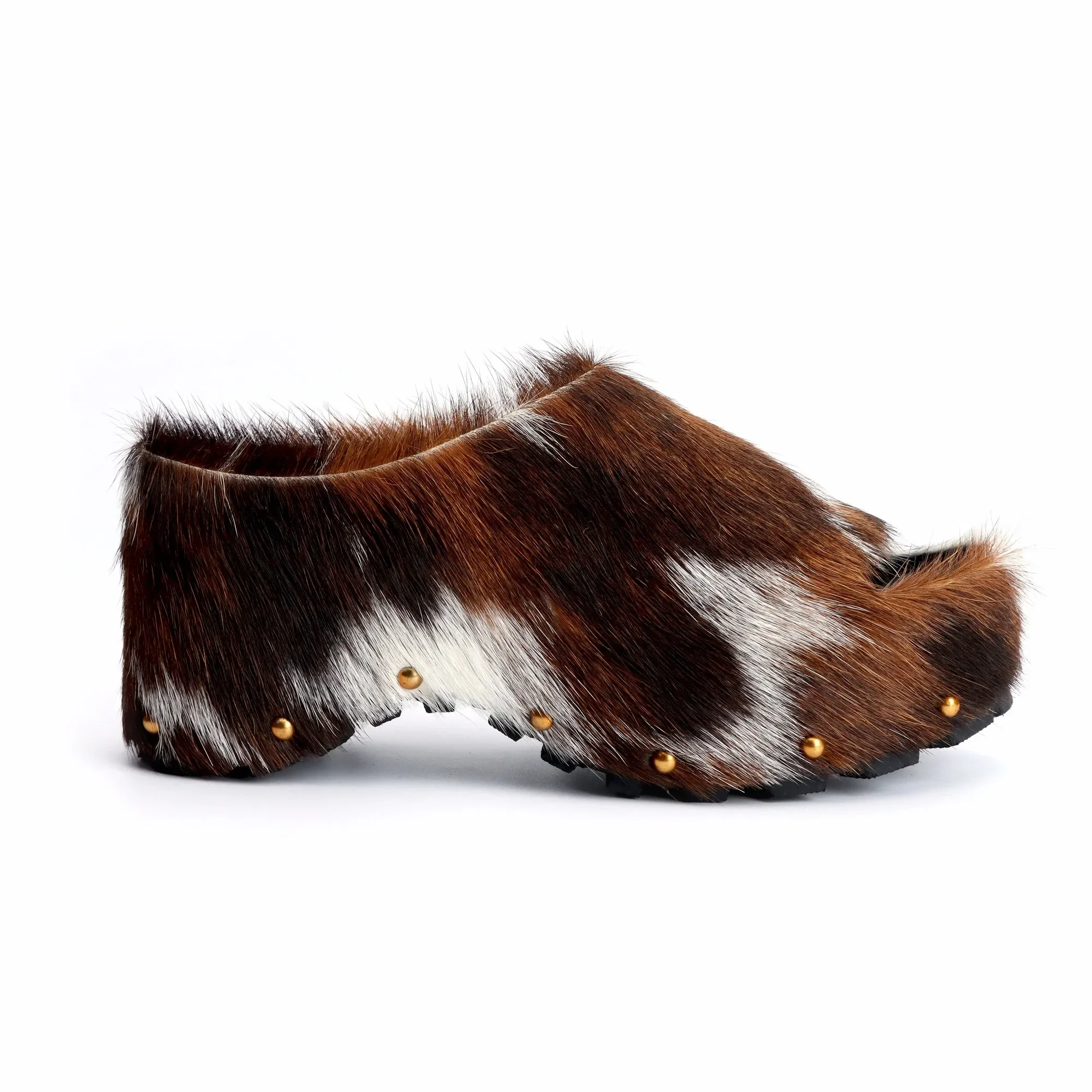 Arch Support Slip-On Handmade Women's Platform Fur Clogs, Mules with Natural Calf Hair,Studded Vintage Cowboy Style Slippers