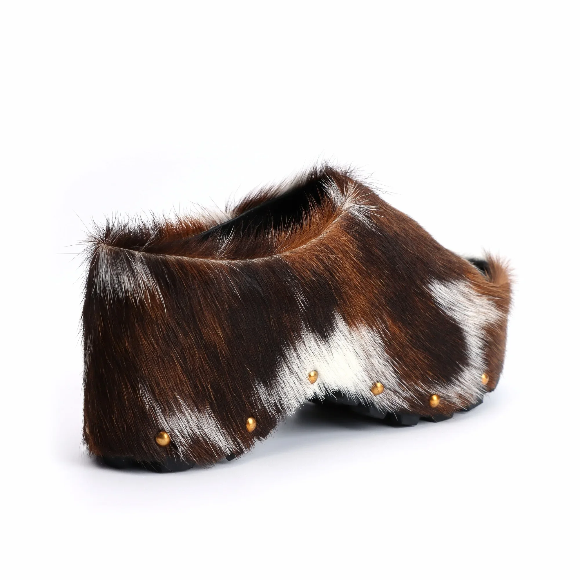 Arch Support Slip-On Handmade Women's Platform Fur Clogs, Mules with Natural Calf Hair,Studded Vintage Cowboy Style Slippers