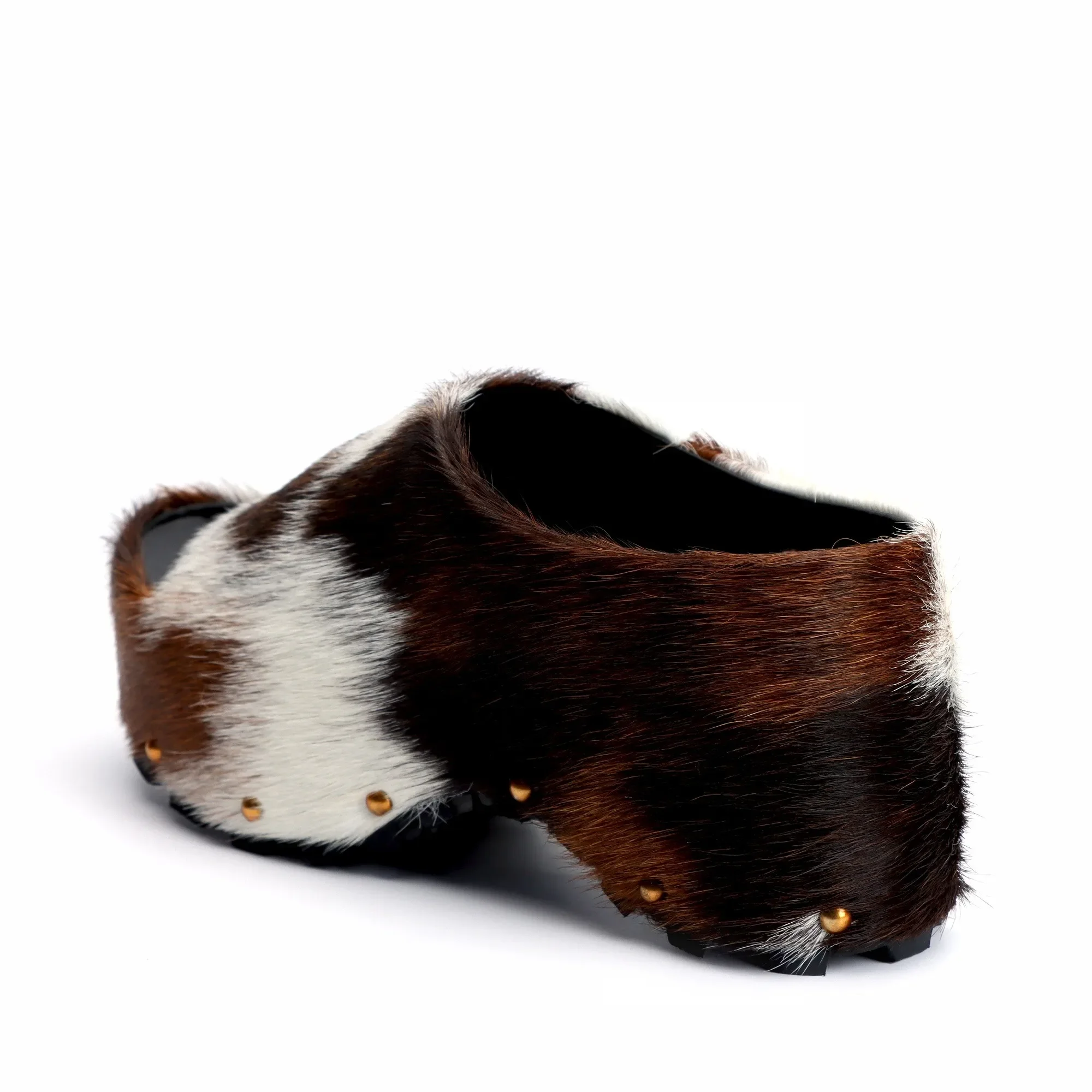 Arch Support Slip-On Handmade Women's Platform Fur Clogs, Mules with Natural Calf Hair,Studded Vintage Cowboy Style Slippers